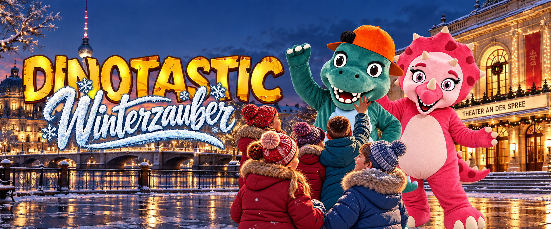 DINOTASTIC Winterzauber – Leo und Libell begrüßen Kinder im Schnee